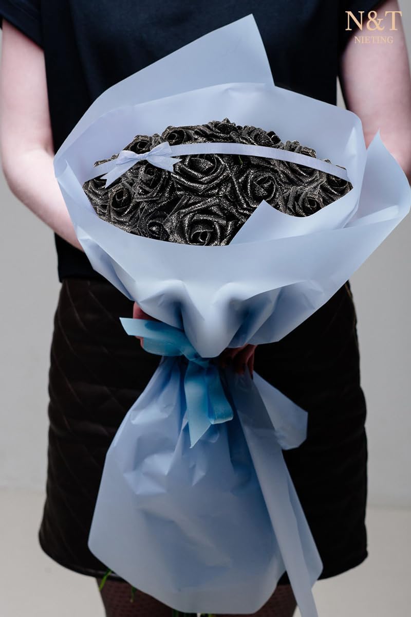Artificial Flowers Glitter Rose, 25pcs Fake Roses Flowers with Stems Real Touch Faux foam Roses for Wedding Bouquets Party Home Halloween Christmas Decoration(Black)