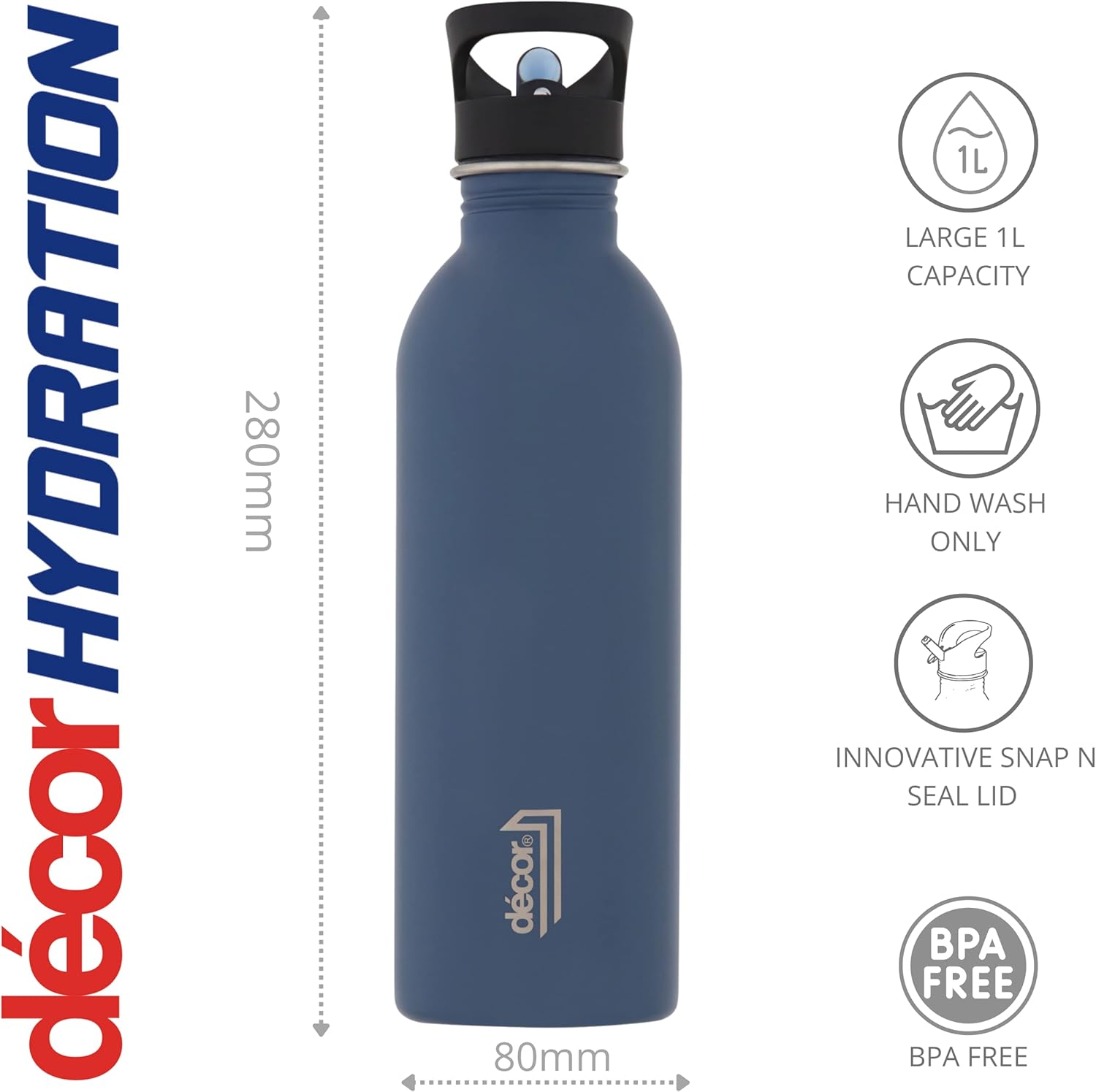Snap n Seal 1L Stainless Steel Water Bottle with Straw, BPA Free - Leakproof Metal Flask with Carry Handle for School, Travel, Work & Gym - Ideal Drinking Bottle for Kids & Adults - Navy.