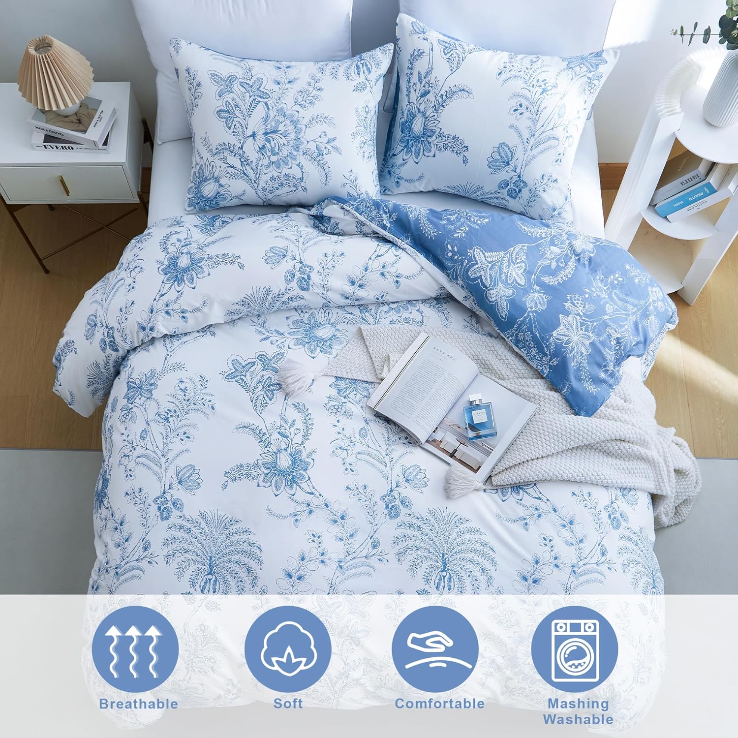 BOLINLIVING Floral Duvet Cover Queen Size 3 Pieces, Flower Duvet Cover with 2 Pillow Shams, Soft Floral Bedding Set White and Blue for All Season, Breathable, Zipper Closure, Queen(90''x90'')