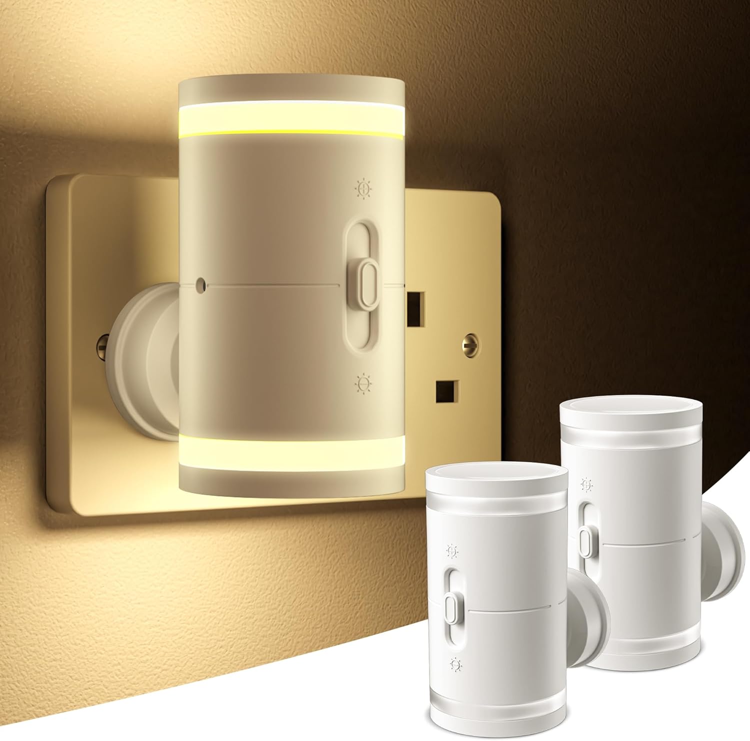 Night Light Plug in Wall, with Dusk to Dawn Photocell Sensor, 3000K Warm White, Brightness Adjustable, LED Night Light for Kid Sand Maternal, Bedroom, Hallway, Stairs, 2 Pack Main image