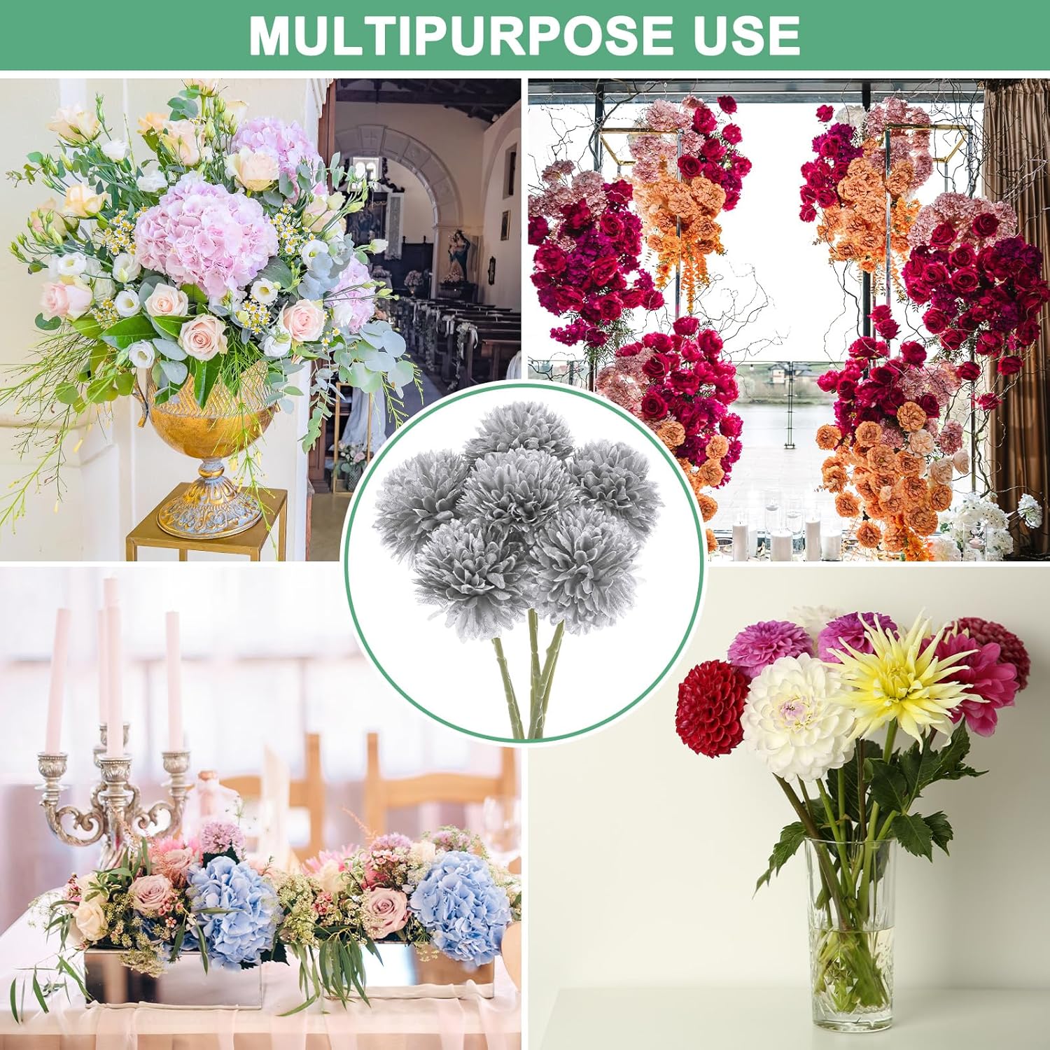 6-Pack Artificial Chrysanthemum Ball Flowers,11 Inch Faux Chrysanthemum Silk Bouquets Real Touch Faux Flowers for Home/Wedding/Christmas/Party[Silver]