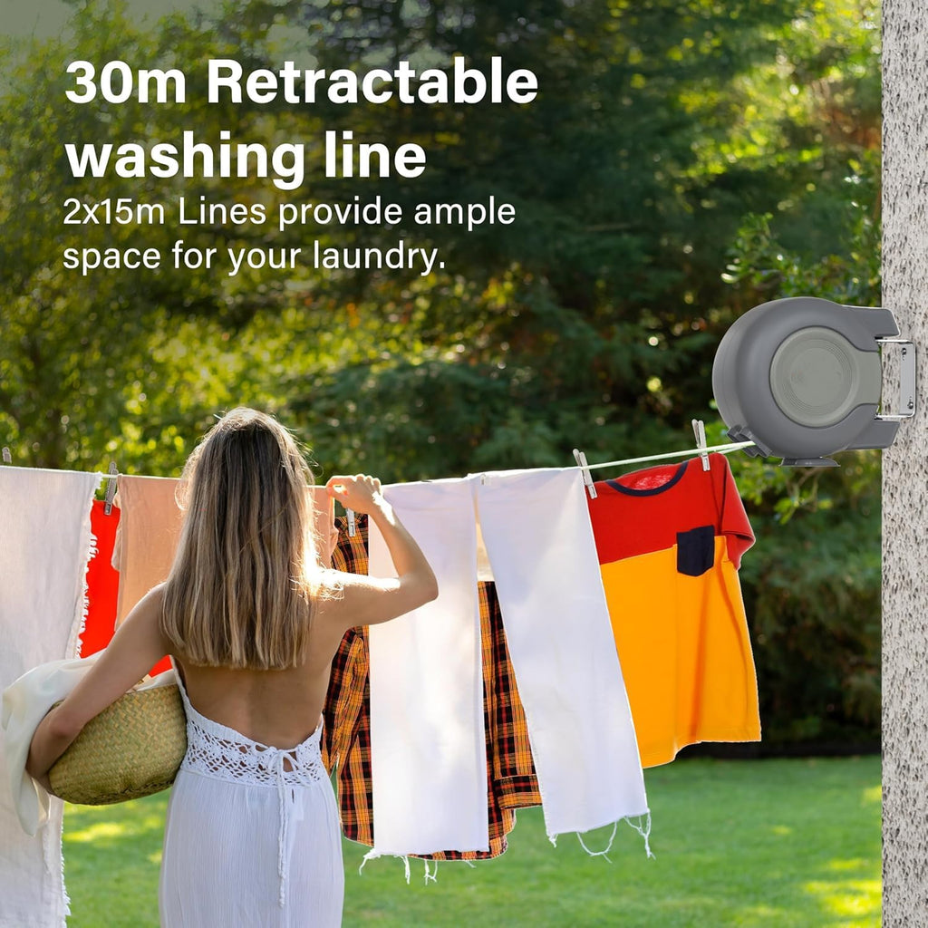 Retractable Washing Line 30m Outdoor, Heavy Duty Wall Mounted Double Washing Lines Extendable Clothes Line Laundry Drying Line for Drying Space, Grey