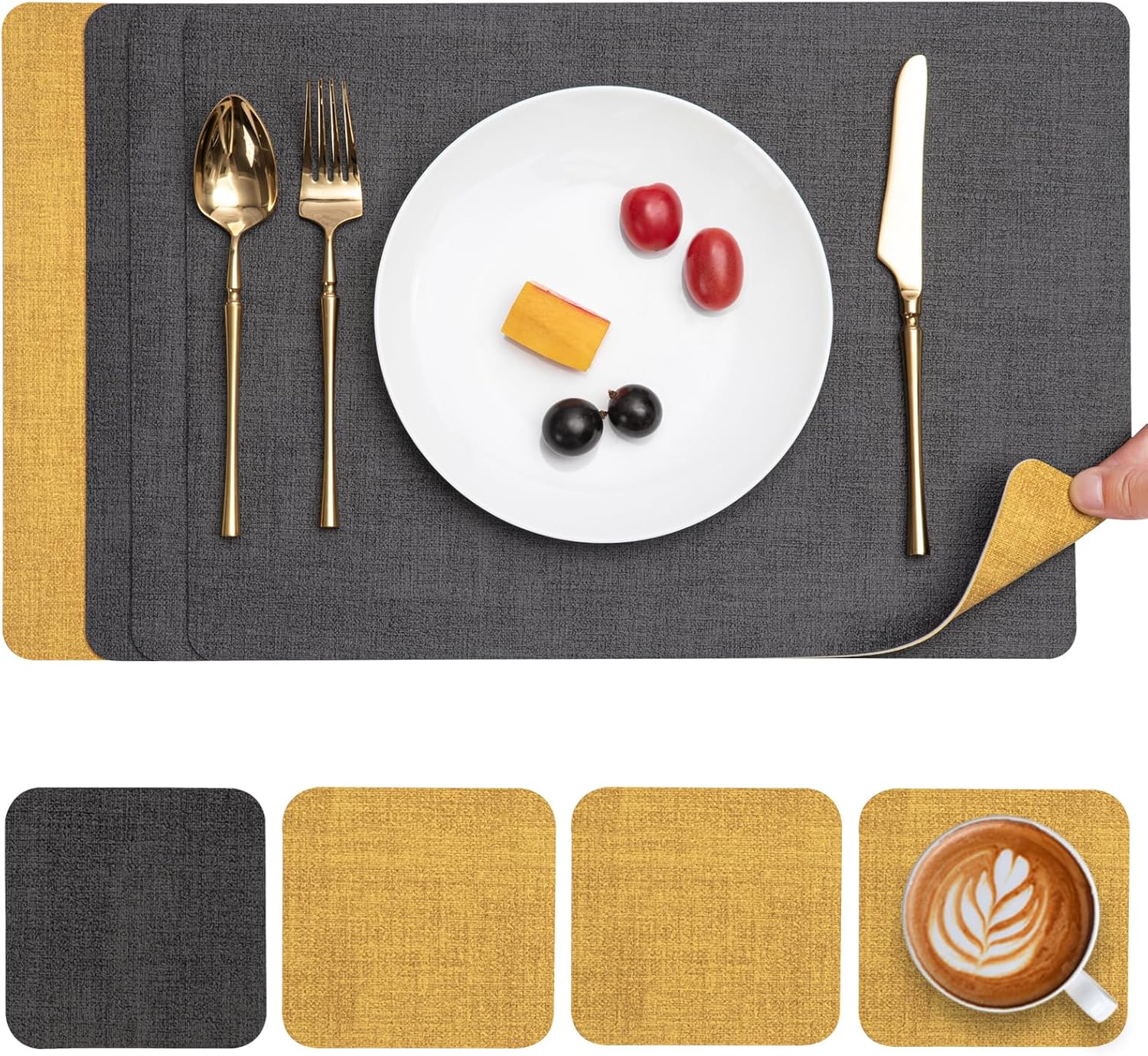 Placemats and Coasters Set of 4, Place Mats Dual Sided Faux Leather Table Mats PU Indoor Outdoor Heat Resistant Placemat Square Non Slip Wipeable Washable Dining Restaurant (Grey Yellow) Main image