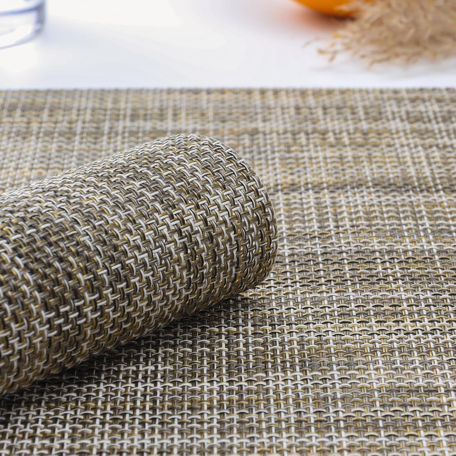 Table Mats Set of 4, Place Mats Table Placemats Washable Non-slip Heat Insulation Woven Vinyl for Kitchen Dinning Restaurant 17"X12" (Caramel)