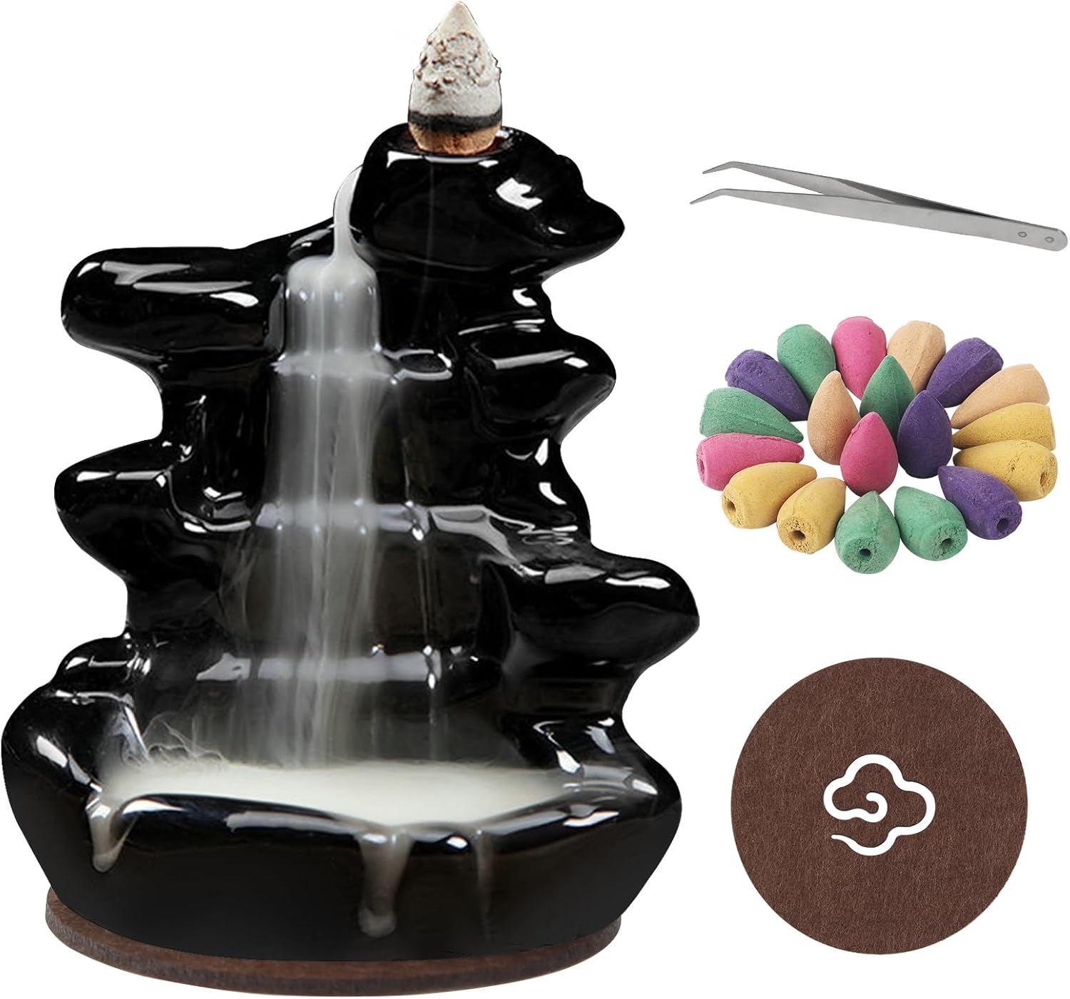 Waterfall Backflow Incense Burner, Ceramic Incense Cone Holder with 60 Cones, Tongs and Table Mat, Home Decor for Meditation, Relaxation, Purification, Yoga Gifts