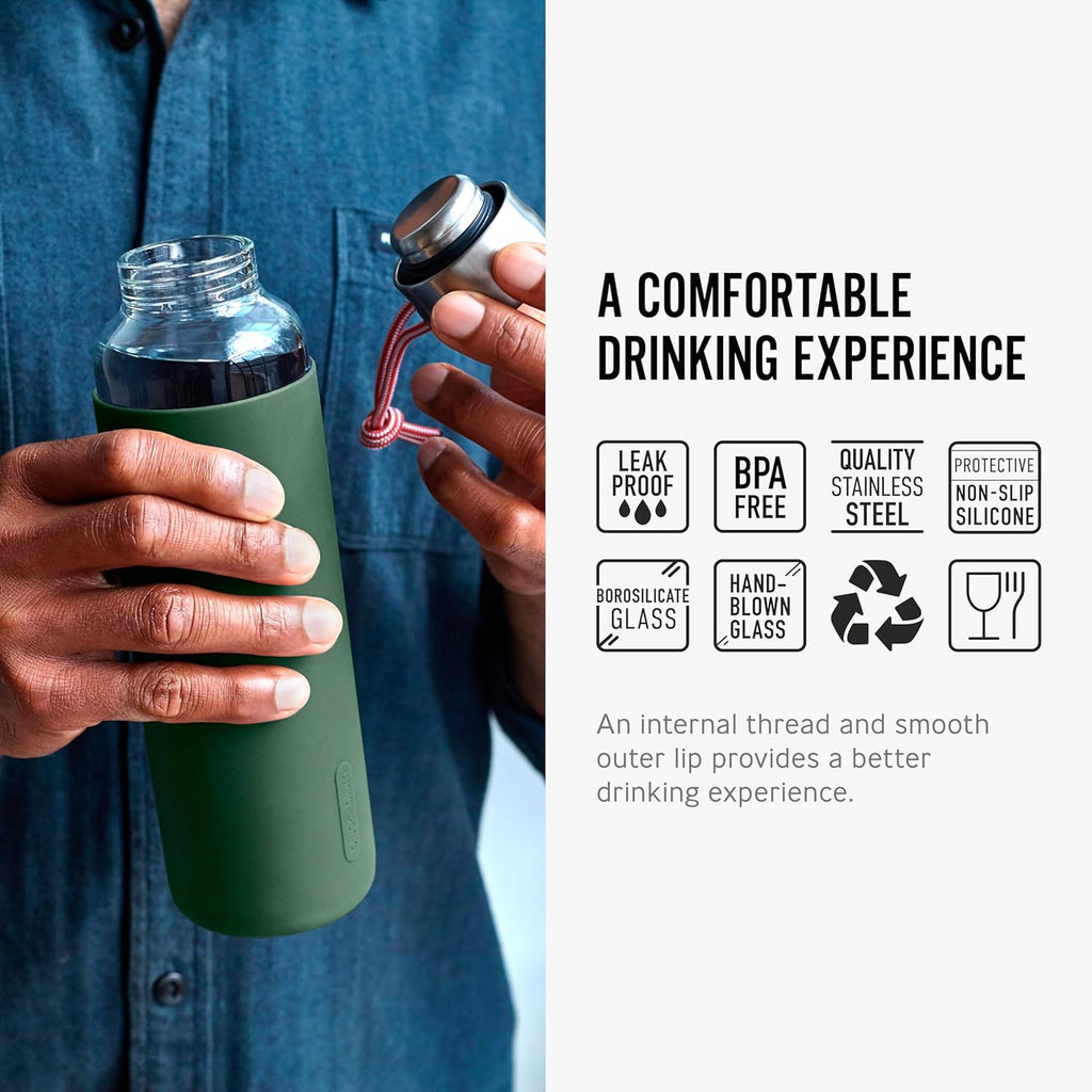 BLACK+BLUM - Glass Water Bottle - Leak Proof, Lightweight Borosilicate Glass Bottle with Screw-Fit Lid, Carry Loop and Protective Sleeve - Freezer Safe, Olive - 600ml