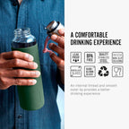 BLACK+BLUM - Glass Water Bottle - Leak Proof, Lightweight Borosilicate Glass Bottle with Screw-Fit Lid, Carry Loop and Protective Sleeve - Freezer Safe, Olive - 600ml