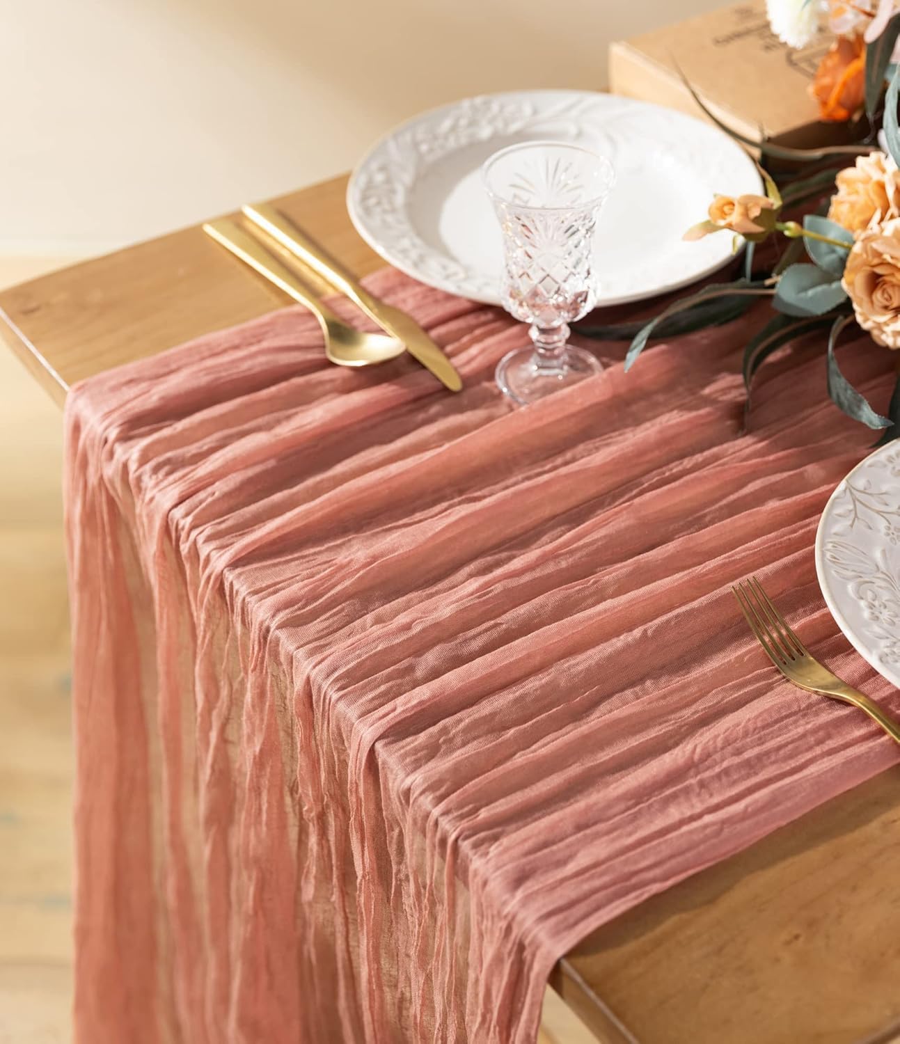 Cheesecloth Table Runner Pink 120 Inches Gauze Boho Rustic Peach Coral Cheese Cloth Table Runner for Wedding Bridal Shower Fall Thanskgiving Decoration Main image