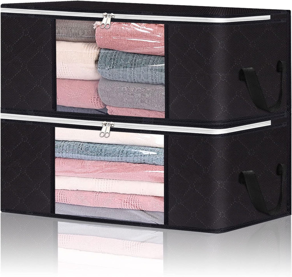 2 Pack Clothes Storage Bags 35L Large Capacity Clothing Organizers with Reinforced Handles Thick Breathable Fabric Foldable Underbed Containers for Bedding Comforter Blanket Black