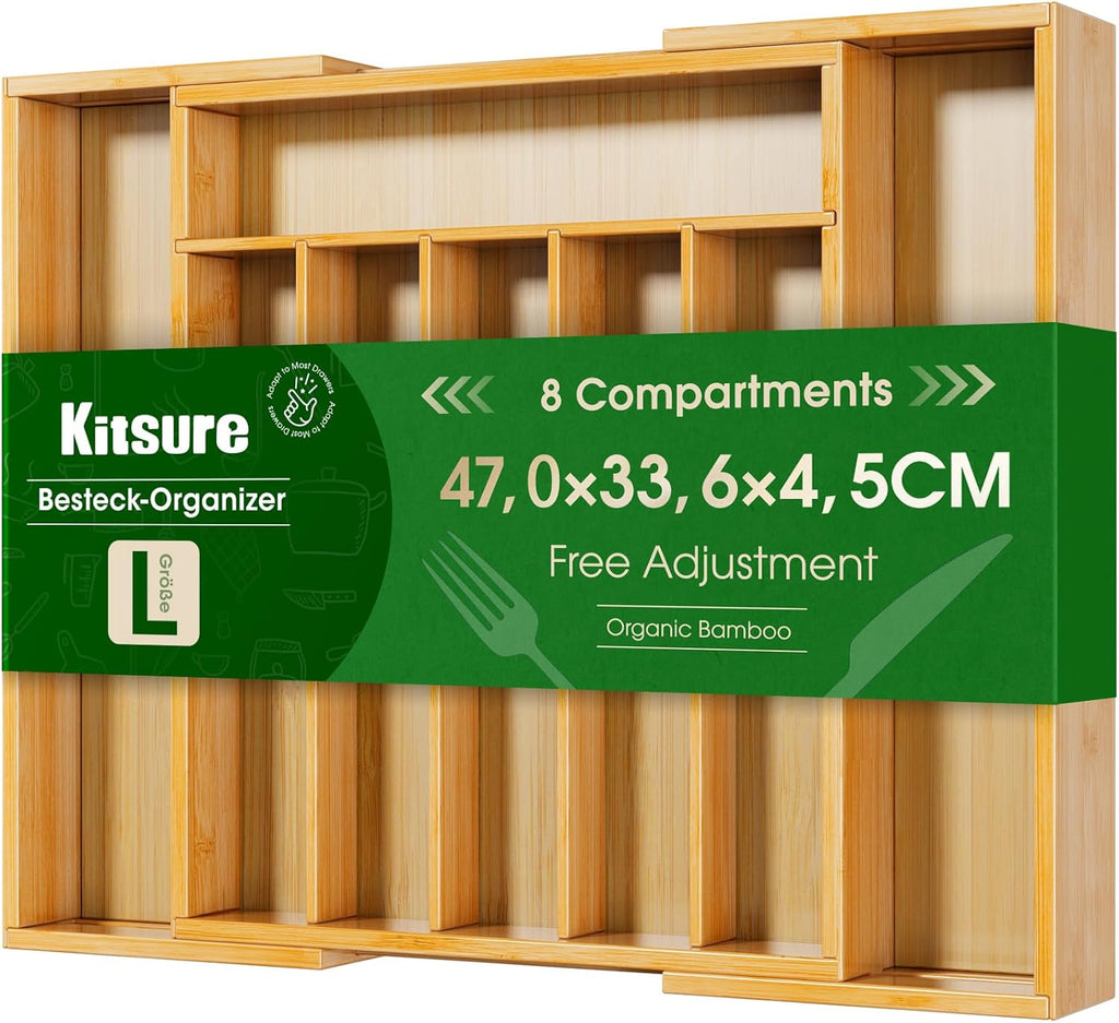 Kitsure Silverware Organizer - Expandable Bamboo Kitchen Drawer Organizer, Adjustable Cutlery Tray for Kitchen Storage & Organisation, 33.6 x 4.5 x 29.0-47.0 cm