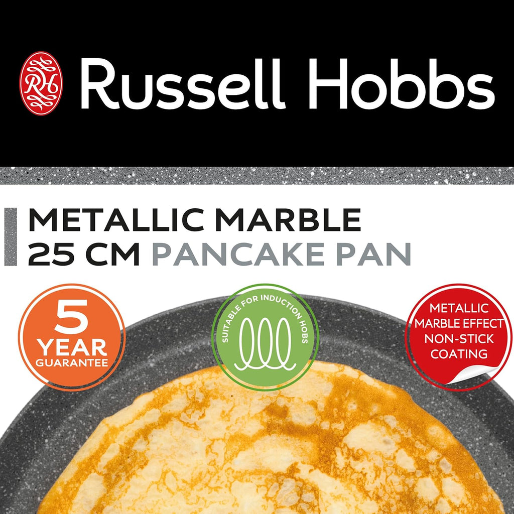 Metallic Marble Pancake Pan - 25cm Crepe Frying Pan, 9.8" Non-Stick Flat Skillet Griddle, Suitable for Induction Hobs, Soft Grip Handle, Durable Forged Aluminium, Easy Clean