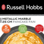 Metallic Marble Pancake Pan - 25cm Crepe Frying Pan, 9.8" Non-Stick Flat Skillet Griddle, Suitable for Induction Hobs, Soft Grip Handle, Durable Forged Aluminium, Easy Clean