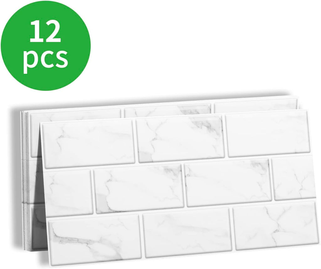 White Tile Stickers Vinyl Peel and Stick for Bathroom Kitchen 30x15cm 24Pcs Brick Self Adhesive Wall Tile Waterproof Stick on Backsplash for Living Room