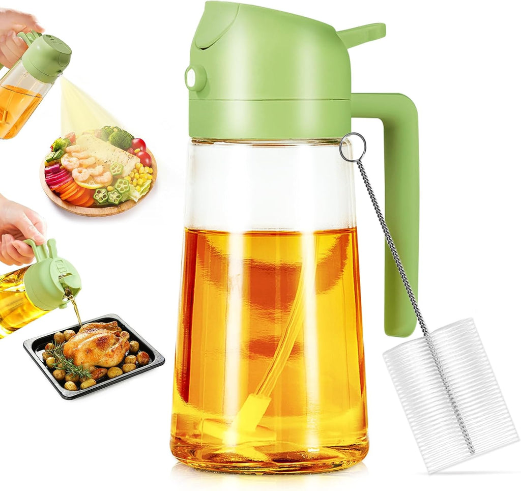 2 in 1 Oil Sprayer, 470ml/16oz Olive Oil Spray Bottle for Cooking, Air Fryer, Salad, Frying, BBQ, Green Food-grade Mister Spray Bottle