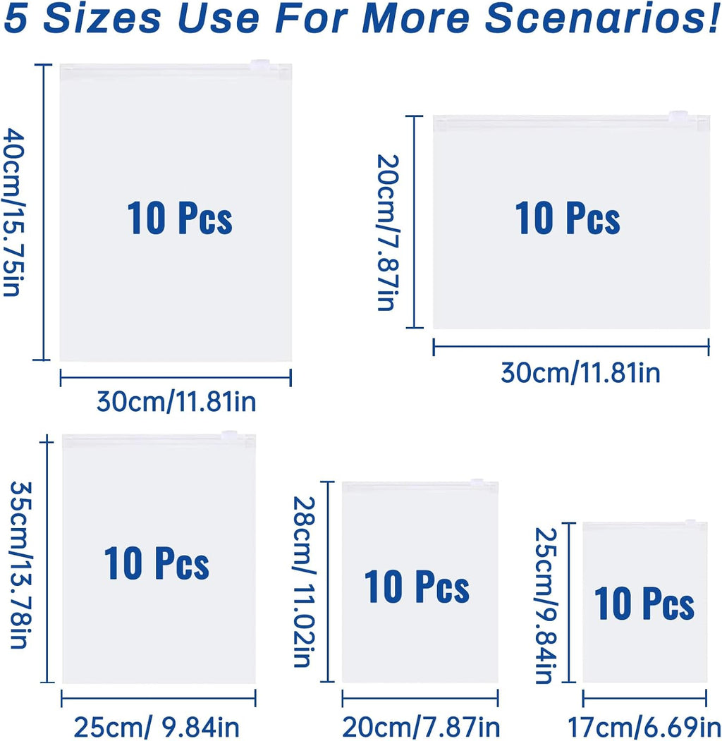 50 Pcs 5 Sizes Zip Lock Bags for Clothes,Maternity Hospital Bag Organiser Pouches,Clear Plastic Reusable Ziplock Bags for Clothes,Travel,Luggage,Shoes,Cosmetics,Frosted and Transparent,No Holes