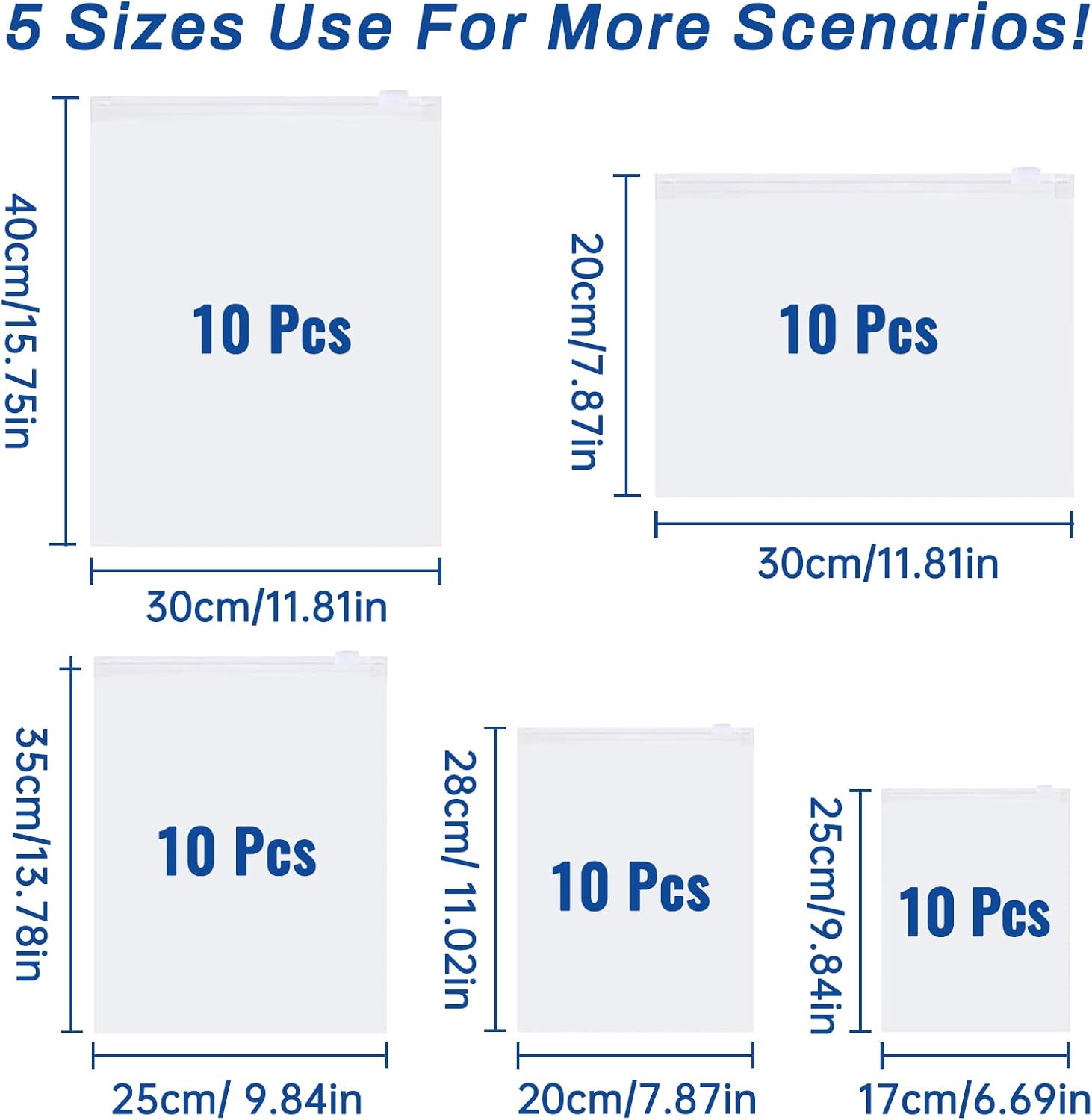 50 Pcs 5 Sizes Zip Lock Bags for Clothes,Maternity Hospital Bag Organiser Pouches,Clear Plastic Reusable Ziplock Bags for Clothes,Travel,Luggage,Shoes,Cosmetics,Frosted and Transparent,No Holes