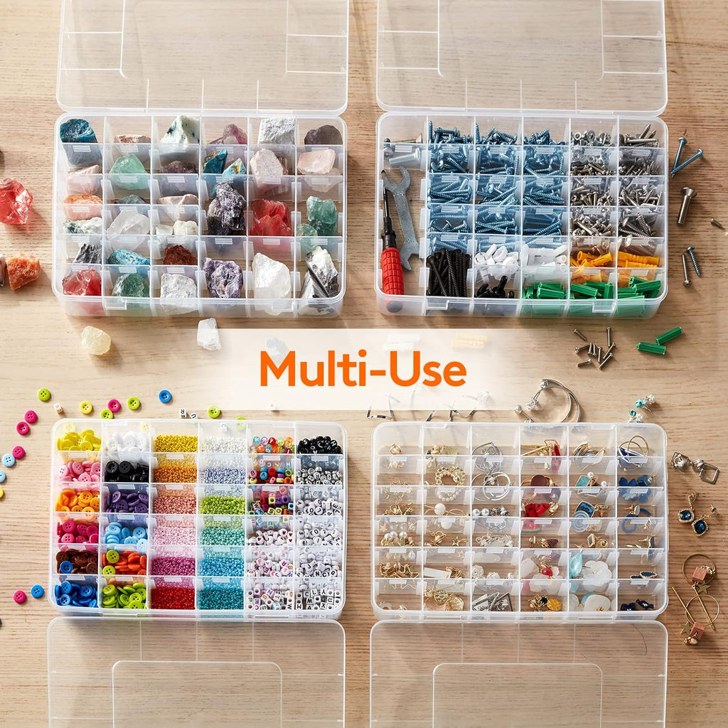 2 Pack 36 Grids Organiser Storage Box, Fishing Tackle Box, Clear Stackable Plastic Container with Adjustable Dividers for Beads, Art DIY, Crafts, Jewelry, with 5 Sheet Label Stickers