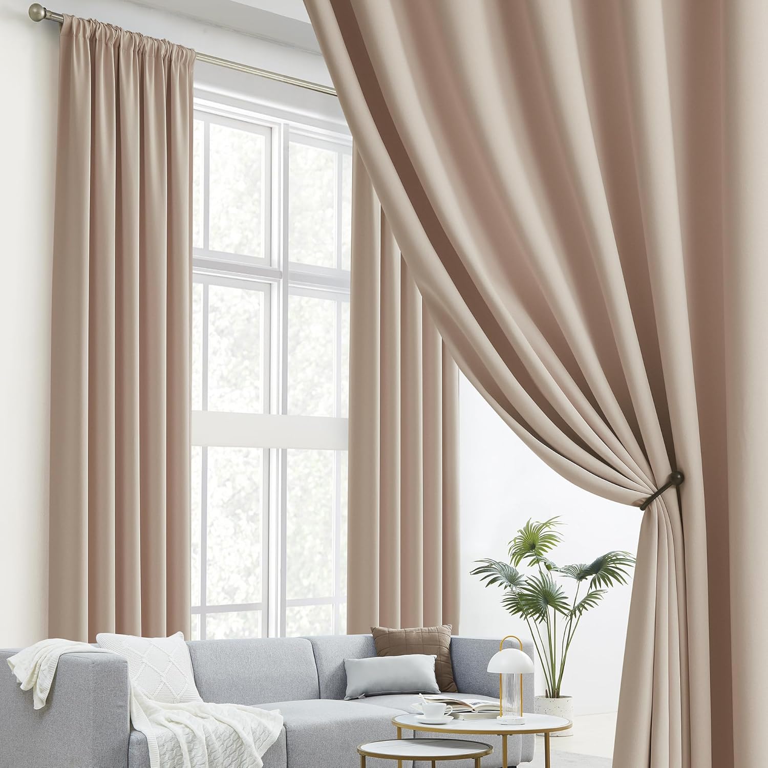 DUALIFE Warm Taupe Back Tab Curtains 84 Inches Long 2 Panels, Pinch Pleated Look Vertical Blinds Window Curtains for Patio Sliding Glass Door 70 inch Wide Privacy Draperies 70 x 84 inch, Rose Tan
