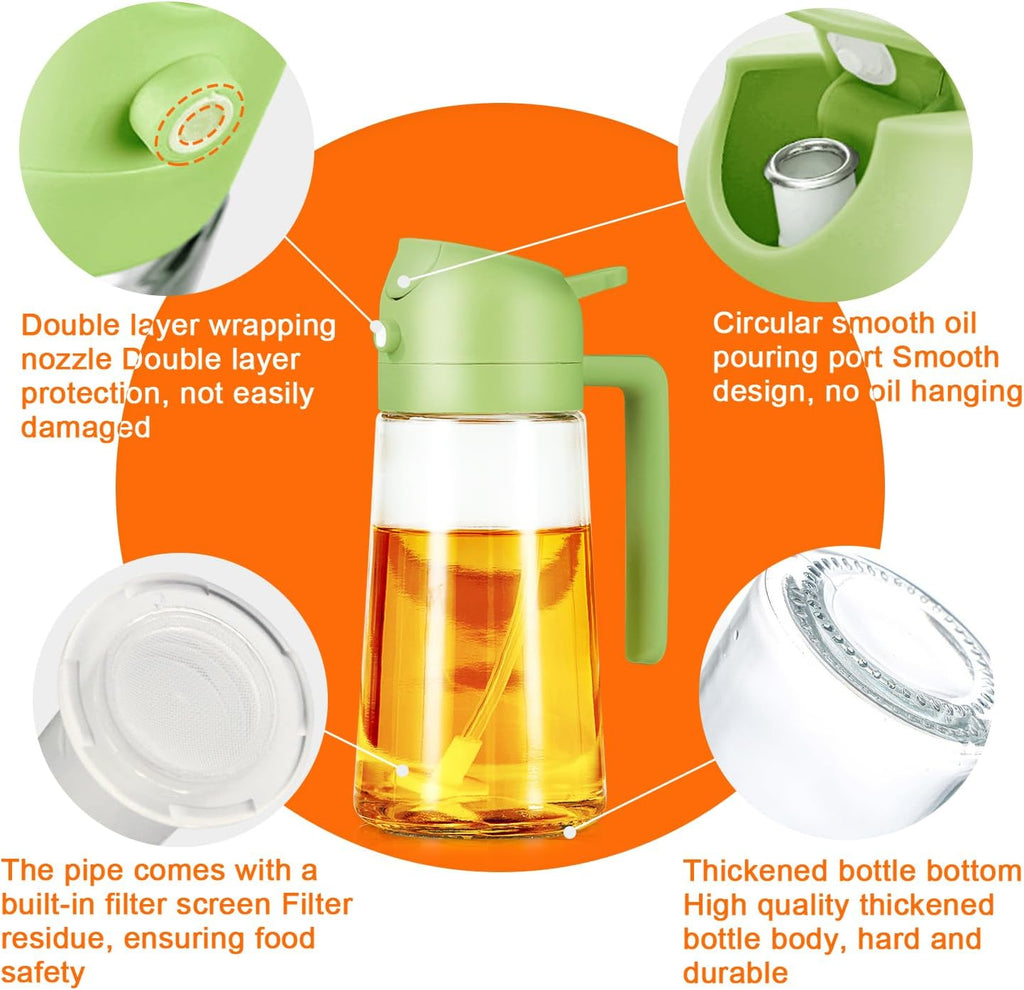 2 in 1 Oil Sprayer, 470ml/16oz Olive Oil Spray Bottle for Cooking, Air Fryer, Salad, Frying, BBQ, Green Food-grade Mister Spray Bottle