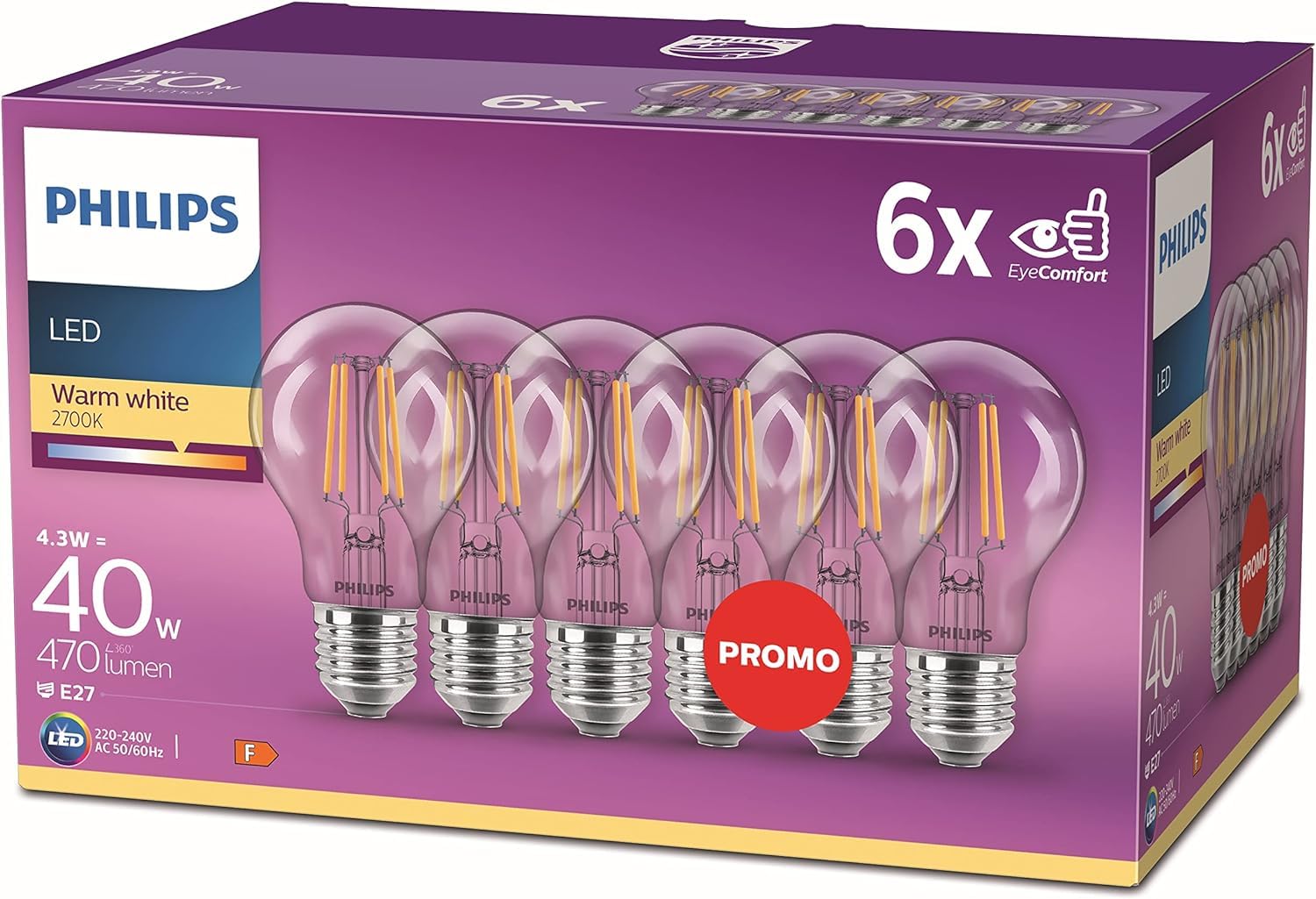 LED Premium Classic Filament A60 Light Bulb 6 Pack [E27 Edison Screw] 4.3W - 40W Equivalent, Warm White (2700K) Main image