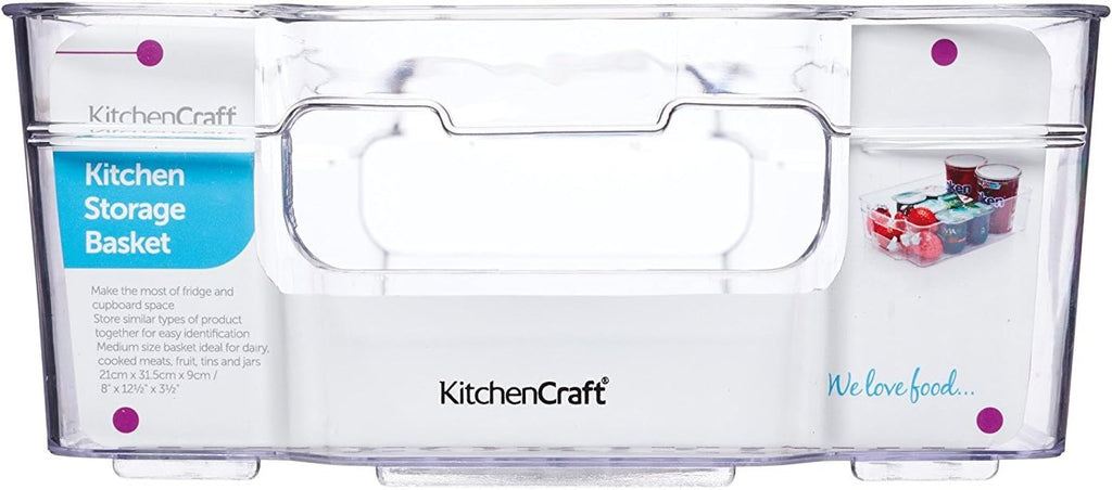 Medium Plastic Food Storage Container, Clear Kitchen Organiser for Fridge or Cupboards, 31 x 20.5 x 9cm