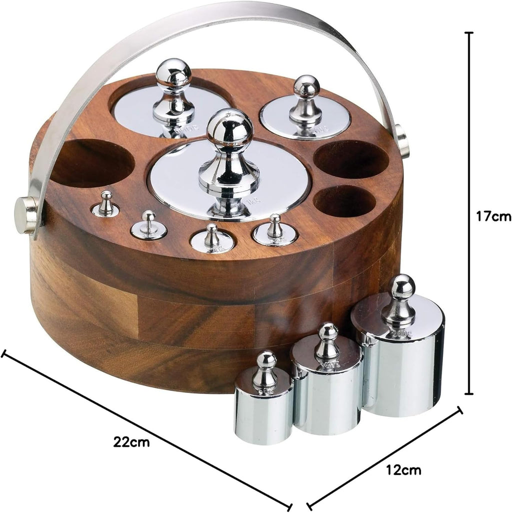 Living Nostalgia Kitchen Scale Weights Set (Metric) with Wooden Holder in Gift Box, Polished Metal, 1 Pieces