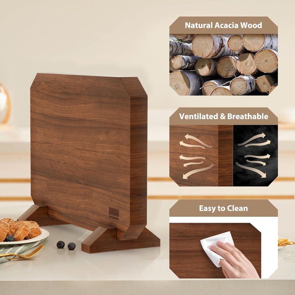 Magnetic Knife Block, Thickened Acacia Wood Kitchen Knife Holder Stand with Strong Magnets, Multifunctional Double Side Knife Storage Organizer for Kitchen Counter