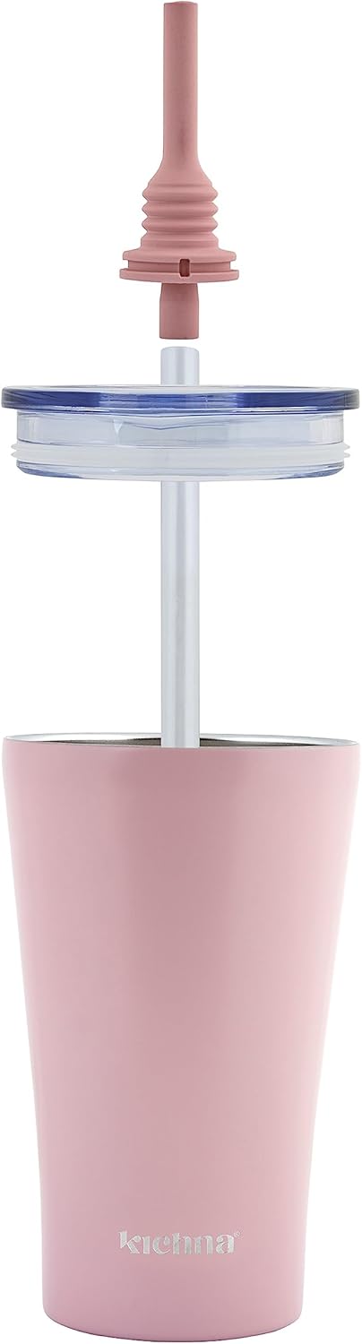 The Sipper Double Walled Stainless Steel Coffee, Water Tumbler 550ml | Wide Mouth, Flexible & Removable Straw with Splash & Leak Proof with Silicon Lid | Keeps Cold for 14Hrs | Blush Pink