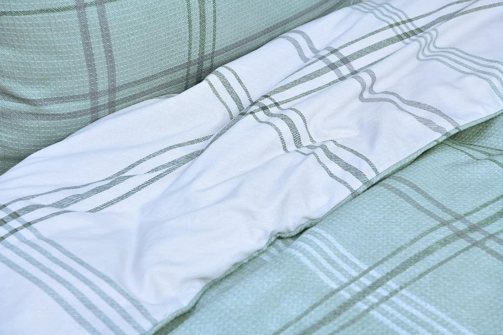 Waffle Green Check Reversible Duvet Cover Quilt Pillow Cases Bedding Set Soft Easy Care- Double (200cm x 200cm