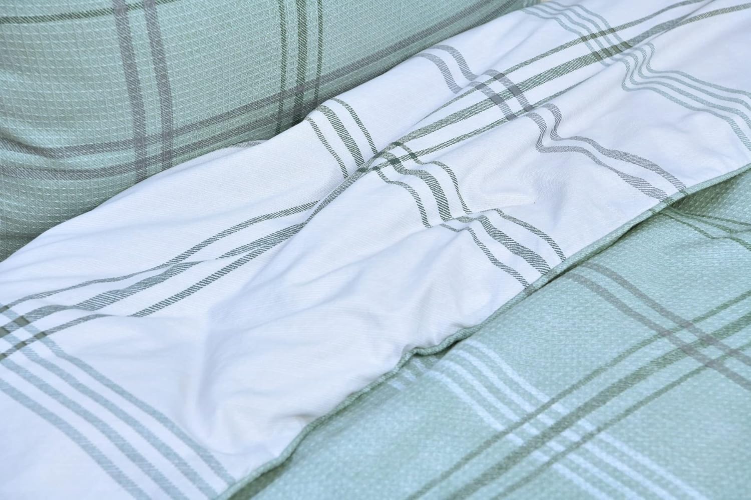 Waffle Green Check Reversible Duvet Cover Quilt Pillow Cases Bedding Set Soft Easy Care- Double (200cm x 200cm