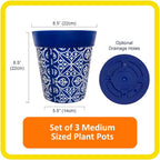 Hum Flowerpots, 22cm Set of 3, Various Patterns Colours and Sizes, Indoor/Outdoor Plastic Plant Pots, Green, Blue, Pink Maroc