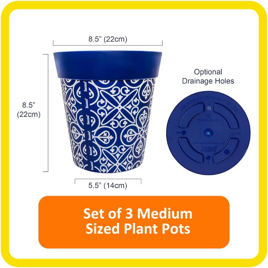 Hum Flowerpots, 22cm Set of 3, Various Patterns Colours and Sizes, Indoor/Outdoor Plastic Plant Pots, Green, Blue, Pink Maroc