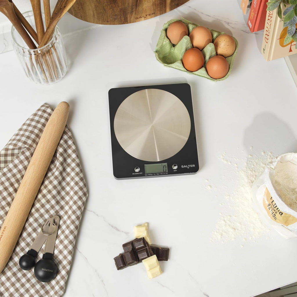 1036 BKSSDR Digital Kitchen Scale – Cooking & Baking Scales for Food Weight, Stainless Steel Weighing Platform, 5KG Capacity, Tare Function, Large LCD Easy Read Display, Measure Liquids, Black