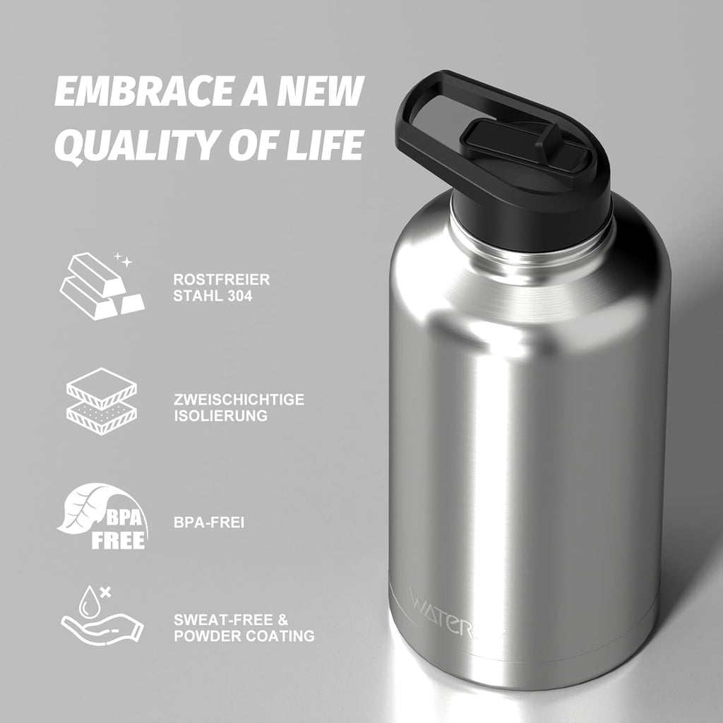 Stainless Steel Vacuum Insulated Water Bottle 64oz, Drink Flask Metal Water Bottles 1890ml with 2 Lids Leakproof (Straw Lid and Spout Lid) Keep 24 Hours Cold Drinks for Sport, Work, Travel