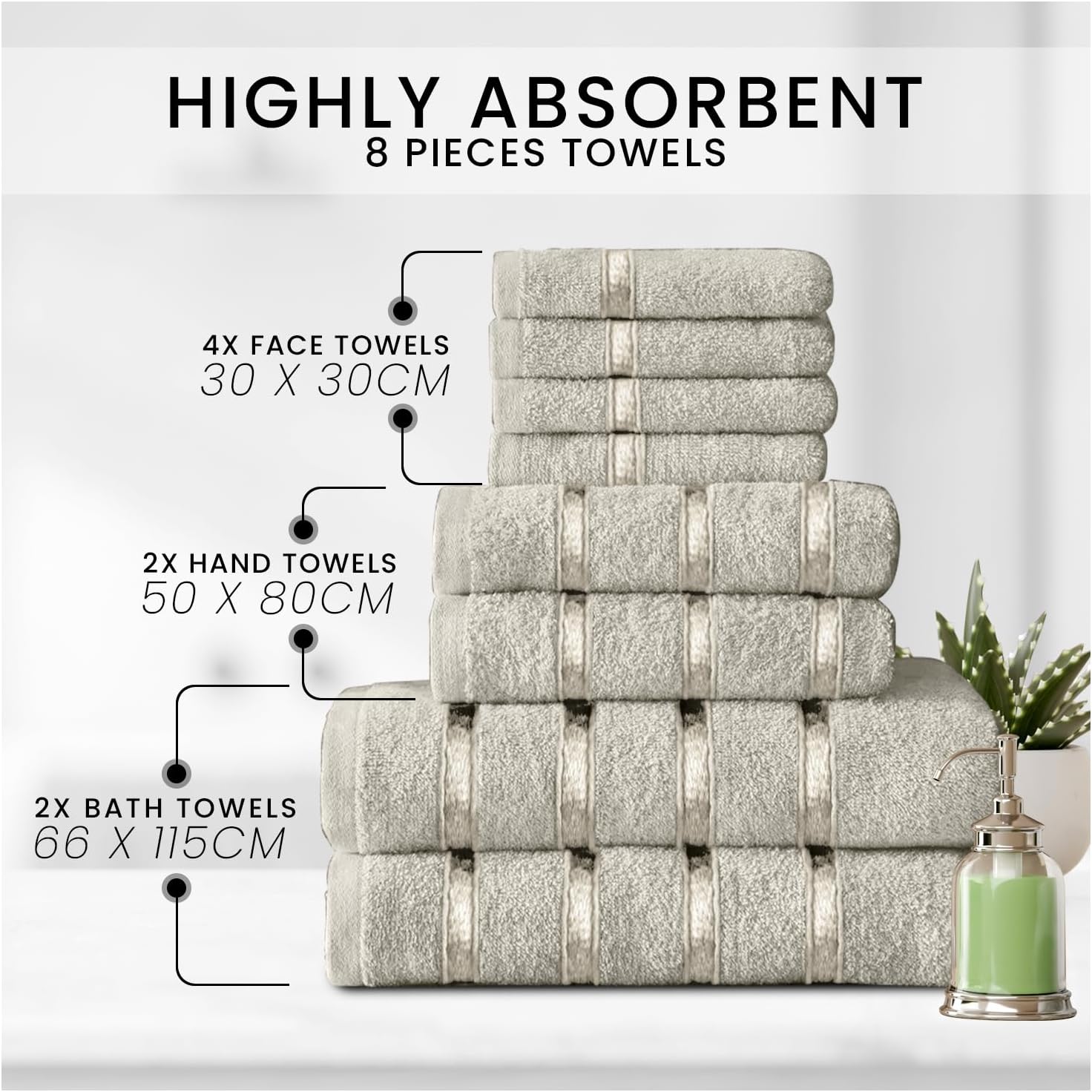 8 Piece Egyptian Cotton Towels - Quick Dry Highly Absorbent Bathroom Towel Bale - (4 Face Towel + 2 Hand Towel + 2 Bath Towel) - Cream Secondary image