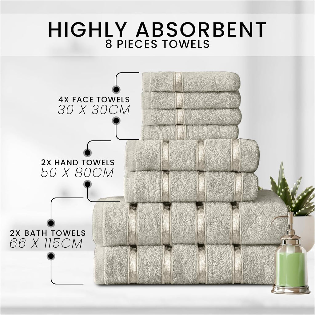 8 Piece Egyptian Cotton Towels - Quick Dry Highly Absorbent Bathroom Towel Bale - (4 Face Towel + 2 Hand Towel + 2 Bath Towel) - Cream