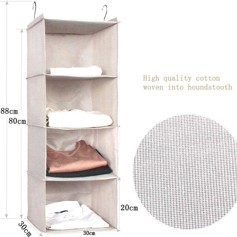 Hanging Closet Organizer for Clothes Sweaters Advanced cloth 4 shelves Hanging Wardrobe Storage Shelves, Beige Check Washable(31.5 * 12 * 12 inch)