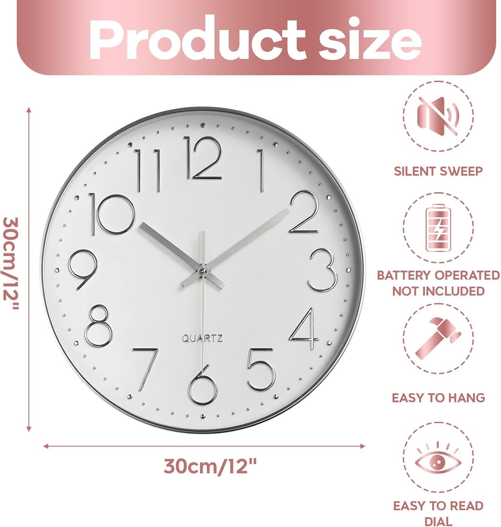 Delgeo Modern Silent Wall Clock 25-30cm, Minimalist Silver Clock for Living Room & Kitchen,Premium Wall Decor for Home Office