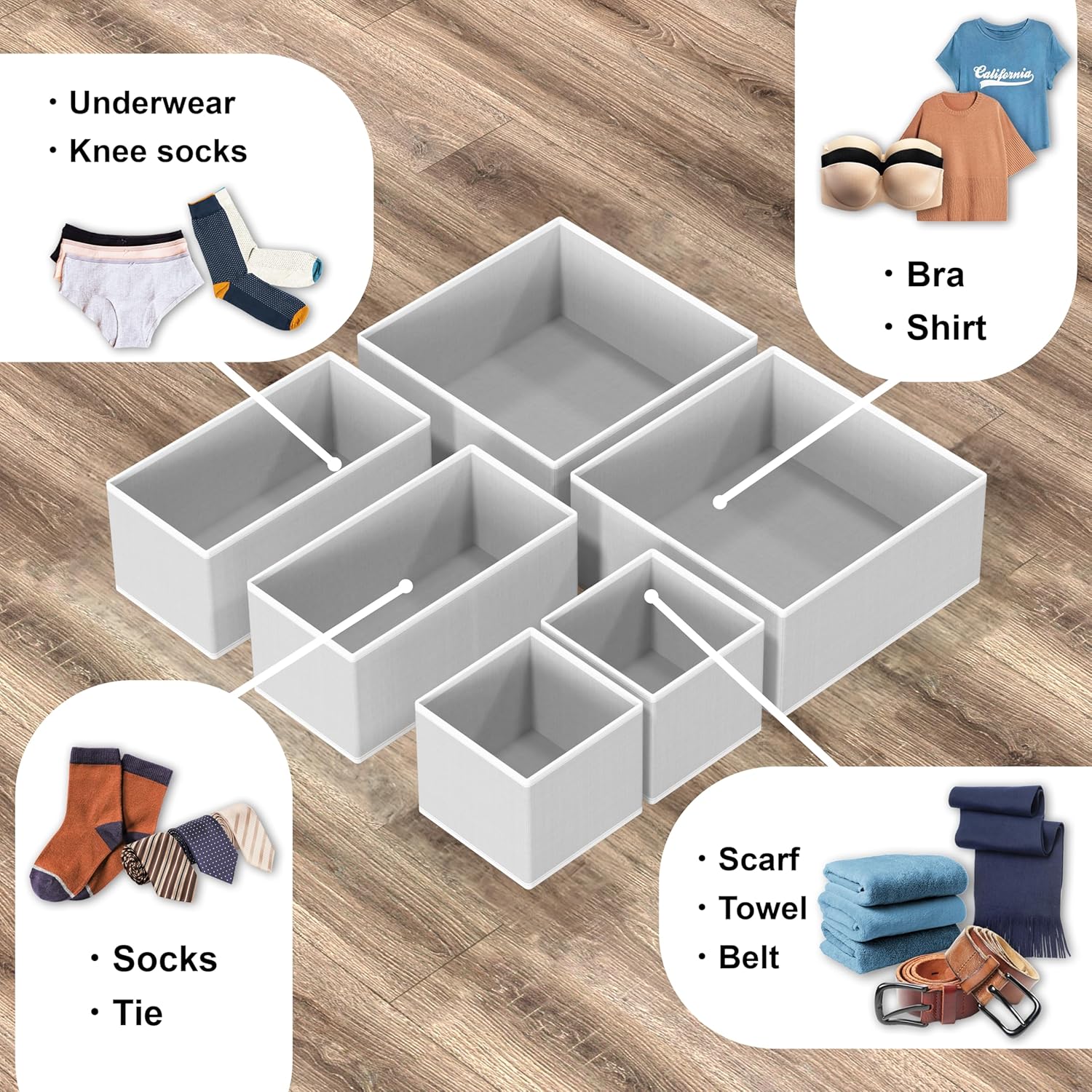 Simple Houseware Foldable Cloth Storage Box Closet Dresser Drawer Divider Organizer Basket Bins for Underwear Bras, Gray (Set of 6)