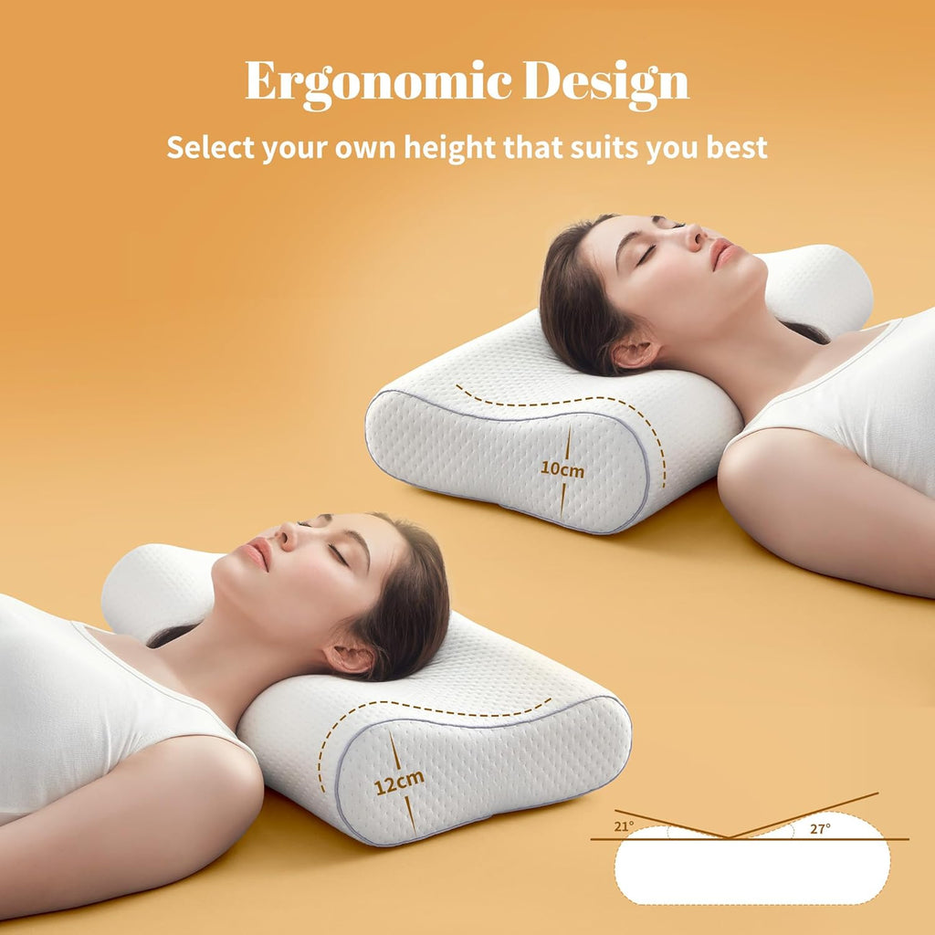 Contour Memory Foam Pillow Ergonomic Head Neck Support Pillows, Bed Pillow with 30% bamboo + 70% polyester Cover, for Side, Back, Stomach Sleepers, White 60×33×12/10cm
