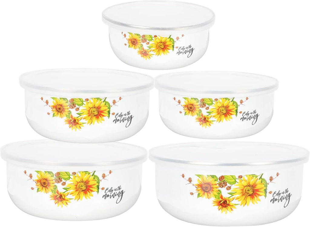 5pcs Mixing Bowls Sets Enamel Prep Bowls with Lid Floral Nesting Salads Bowls Prepared Bowls Food Container Bowl for Kitchen Serving Fruit Cereal Sugar Candy Ice Cream