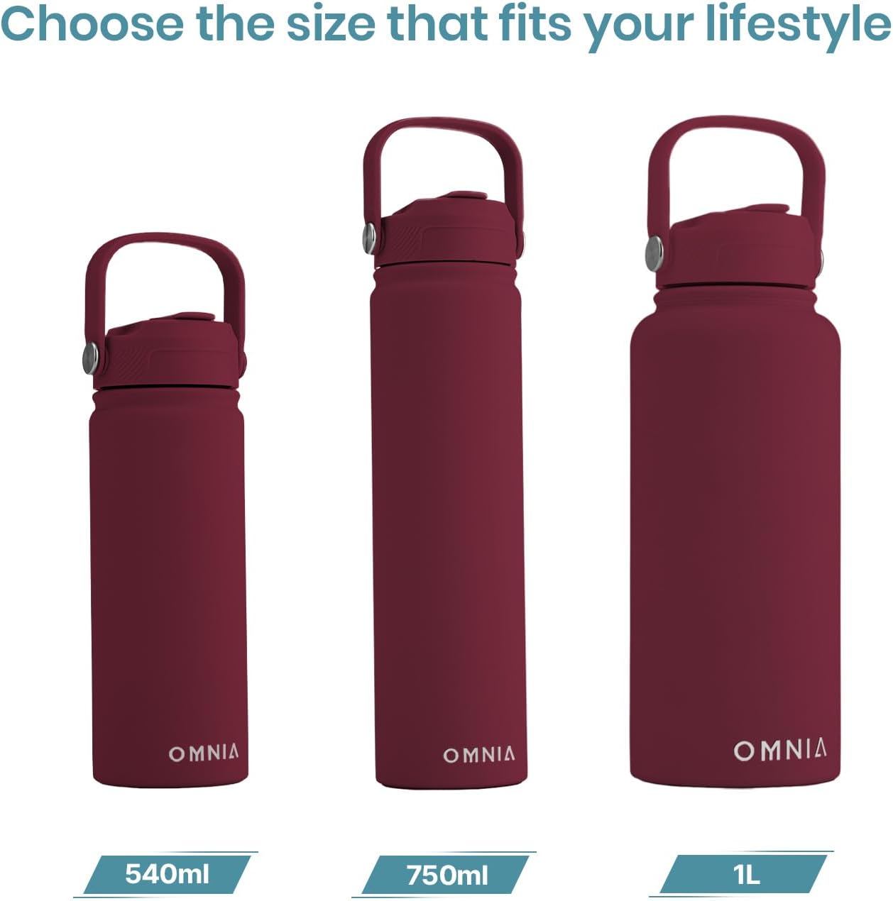 OMNIA Vacuum Insulated Stainless Steel Water Bottle, 2 Lids (Straw & Spout) Leakproof, BPA-Free, Reusable Flask, Hot & Cold Thermos for Sports, Gym, Travel, Outdoors (Burgundy, 1000ML)