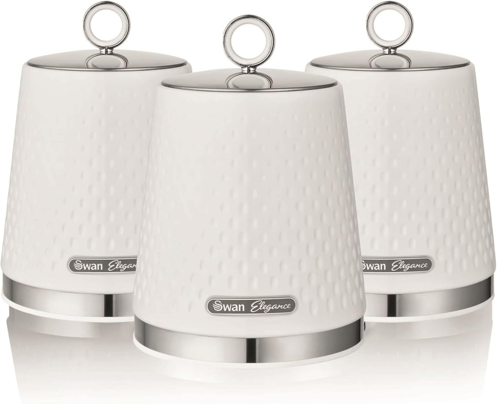 Elegance SWKA18533WHT Set of 3 Kitchen Storage Canisters for Tea, Coffee, and Sugar with Textured Gloss Finish and Stainless Steel Accents, 1.3L, White