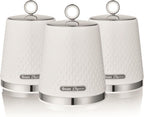 Elegance SWKA18533WHT Set of 3 Kitchen Storage Canisters for Tea, Coffee, and Sugar with Textured Gloss Finish and Stainless Steel Accents, 1.3L, White