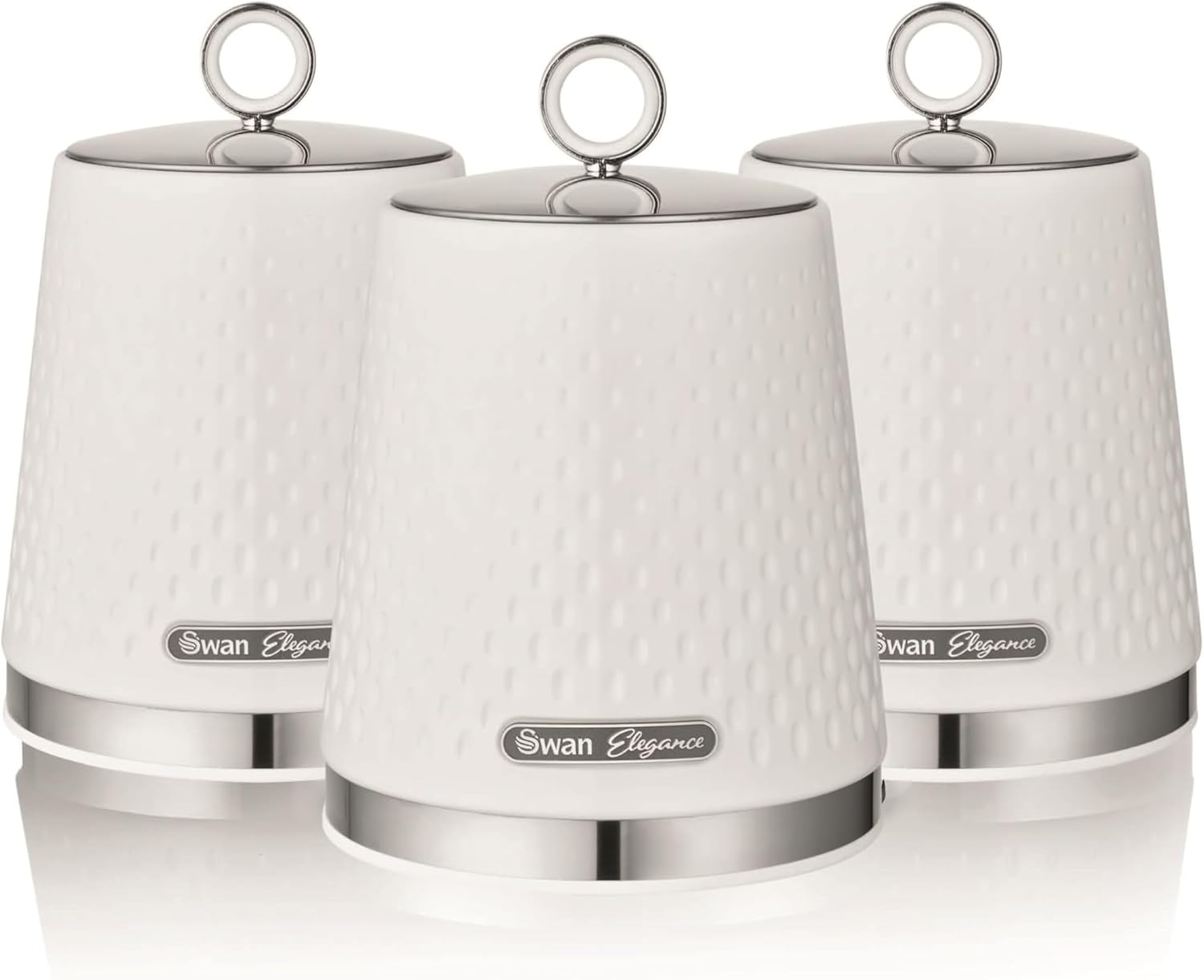 Elegance SWKA18533WHT Set of 3 Kitchen Storage Canisters for Tea, Coffee, and Sugar with Textured Gloss Finish and Stainless Steel Accents, 1.3L, White