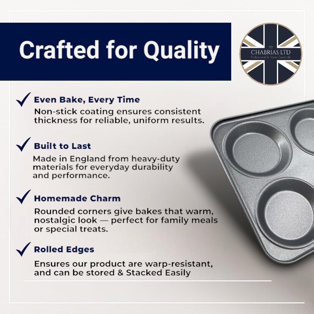 Chabrias Ltd UK-Made 2-Pack Yorkshire Pudding Tray, 4-Cup “Giant” – Carbon Steel, Long-Life Non-Stick, Even-Bake, Easy-Release, Oven-Safe – Perfect Crispy Rims, 23 cm