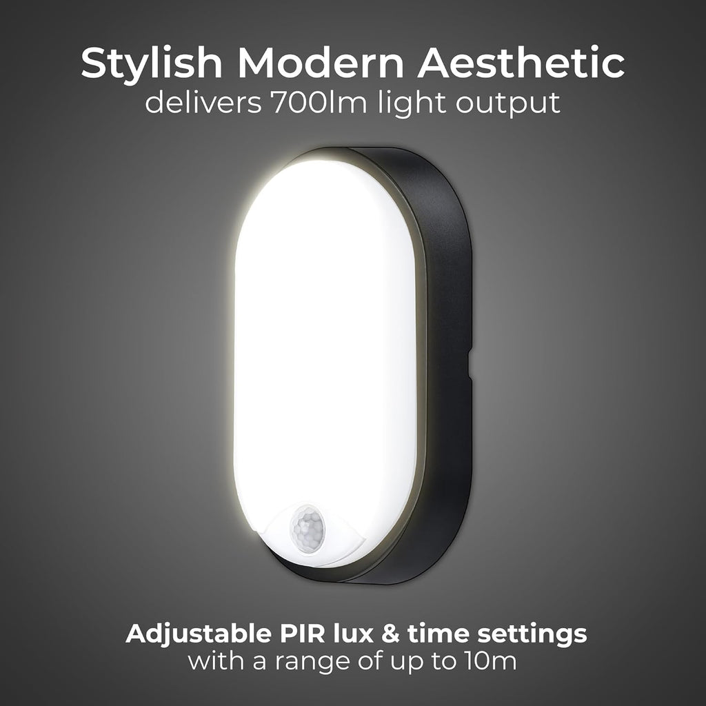 Eco Outdoor LED Bulkhead Light with PIR Motion Sensor, Decorative Exterior Lighting, Oval, Black, IP54, 10W, 700lm, 4000K, EBEO10P40