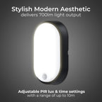 Eco Outdoor LED Bulkhead Light with PIR Motion Sensor, Decorative Exterior Lighting, Oval, Black, IP54, 10W, 700lm, 4000K, EBEO10P40