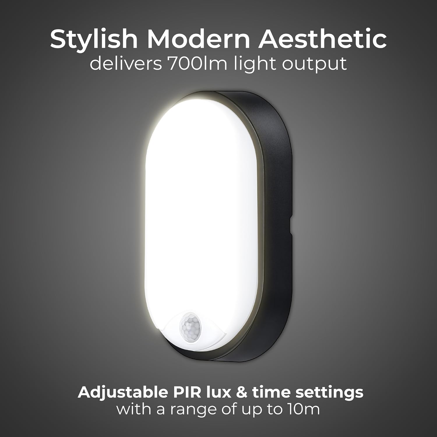 Eco Outdoor LED Bulkhead Light with PIR Motion Sensor, Decorative Exterior Lighting, Oval, Black, IP54, 10W, 700lm, 4000K, EBEO10P40