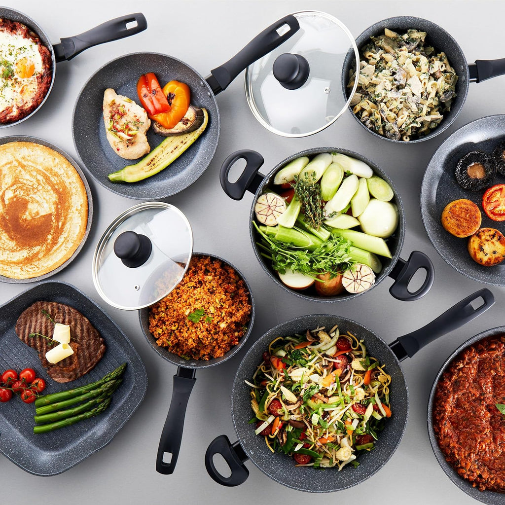 Metallic Marble Pancake Pan - 25cm Crepe Frying Pan, 9.8" Non-Stick Flat Skillet Griddle, Suitable for Induction Hobs, Soft Grip Handle, Durable Forged Aluminium, Easy Clean